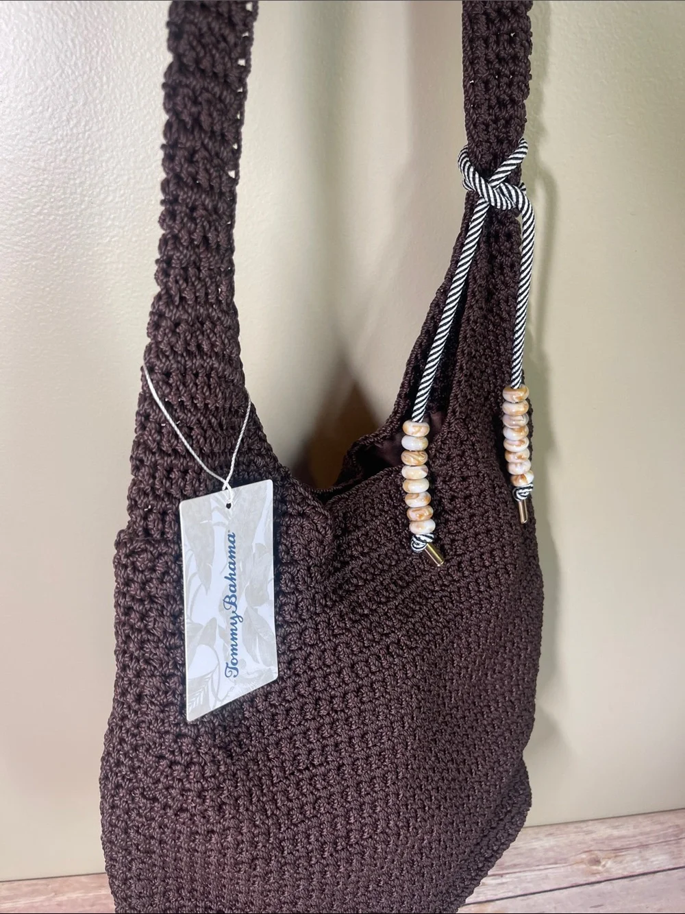 Tommy Bahama Dark Brown Crochet Shoulder Bag with Beaded accent charm - Picture 5 of 9